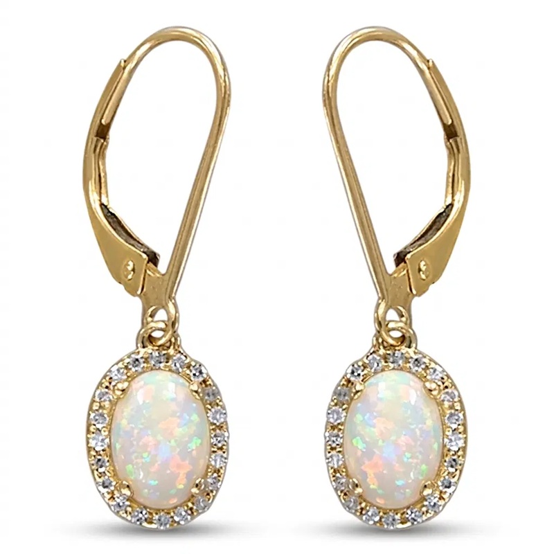 Opal Drop Earrings with Diamond Halo in 14K Yellow Gold